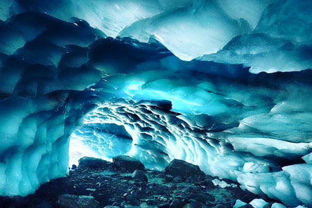 Inside an ice cave in the Byron Glacier of Alaska.