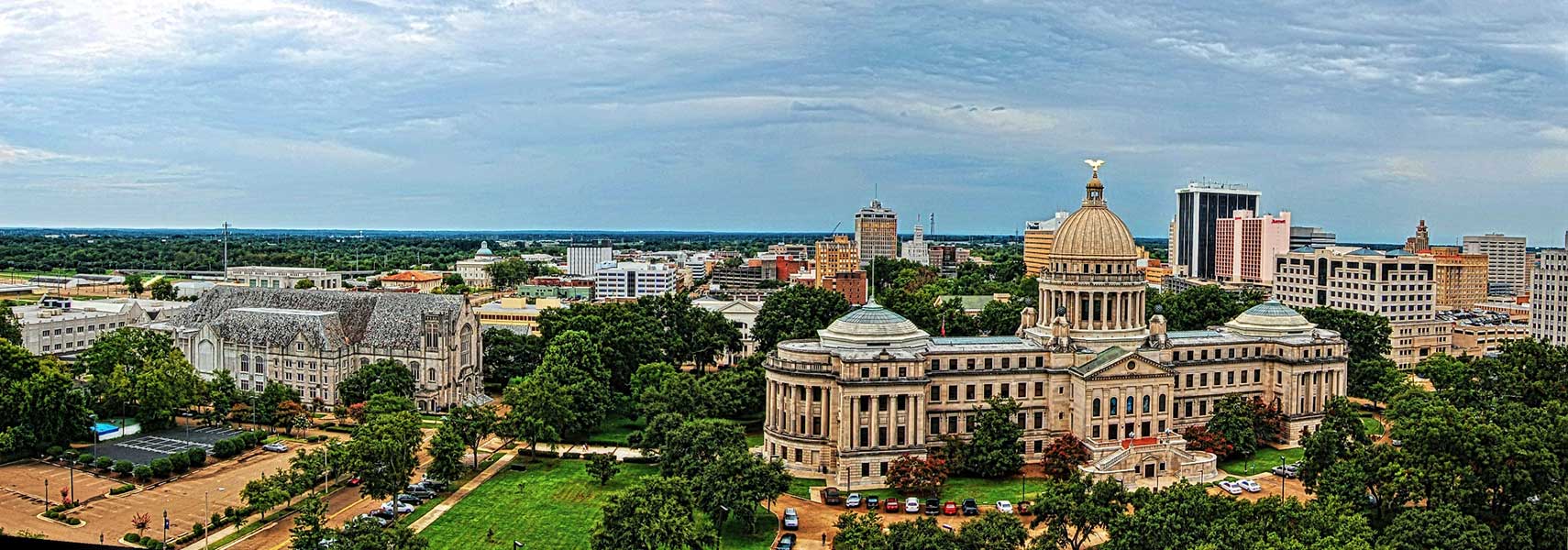 Downtown Jackson, Mississippi with the 'New Capitol' and Jackson's First Baptist Church.