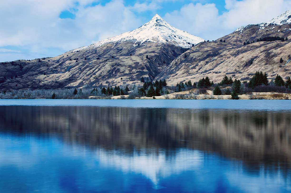 View of Buskin Lake with Pyramid Mountain on Kodiak Island in Alaska