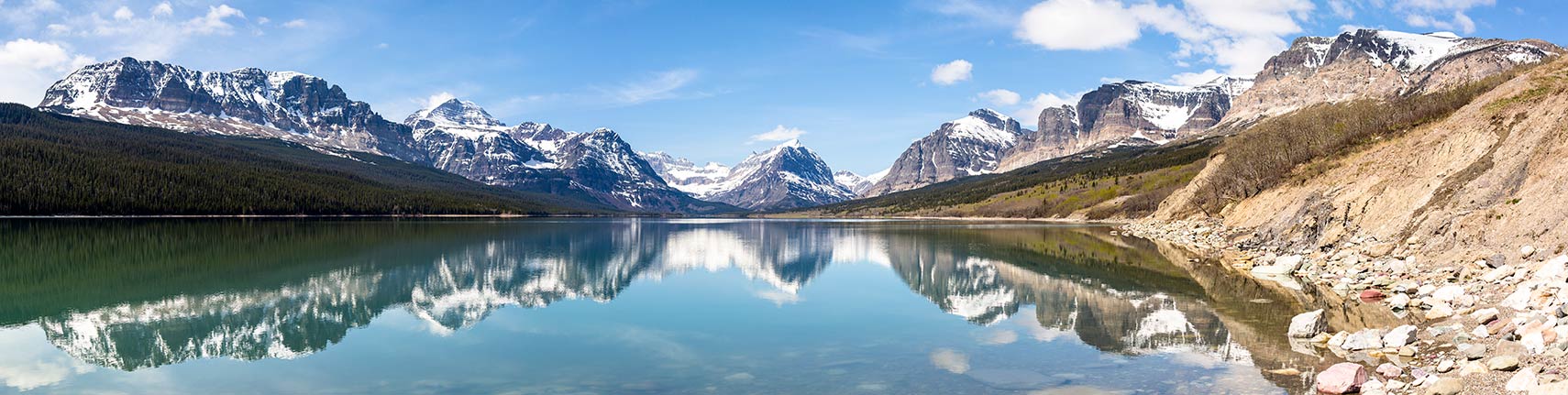 Panorama of Sherburne Lake in the Many Glacier region of Glacier National Park, Montana