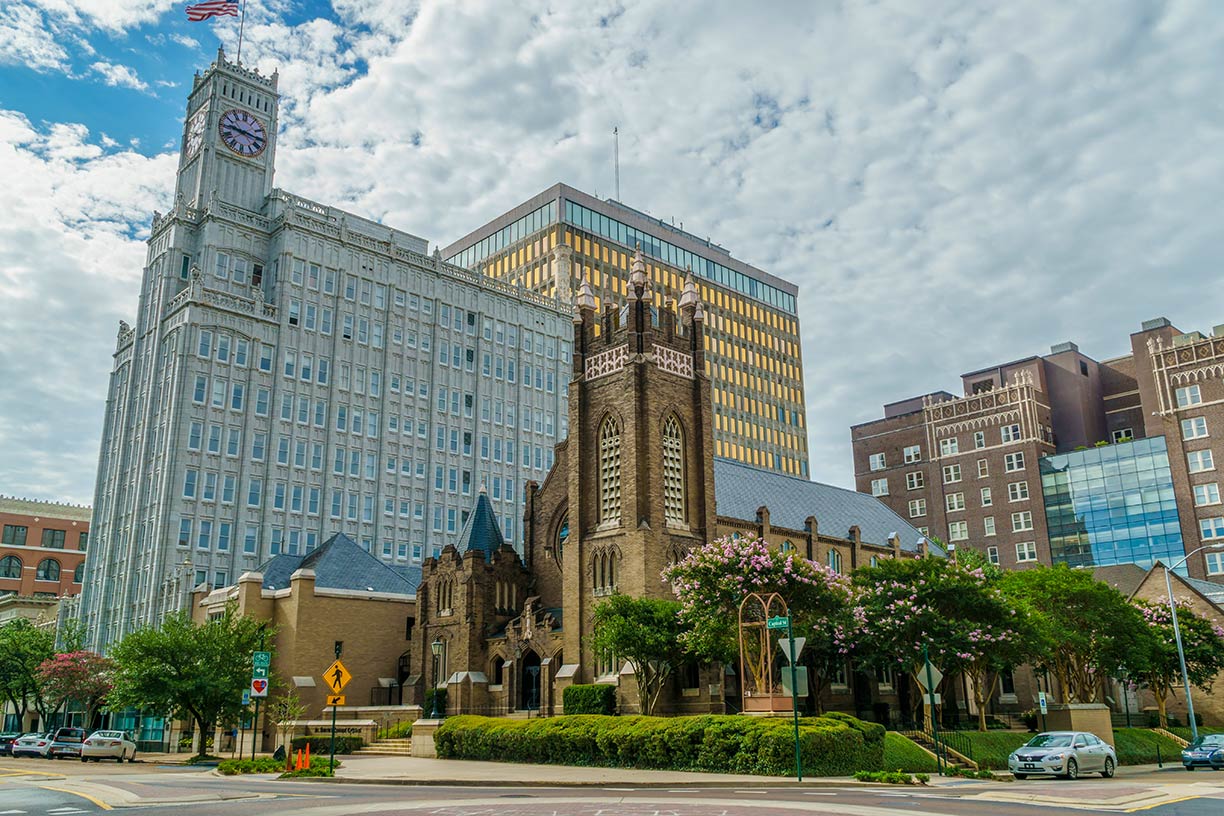 Lamar Life Building and St Andrew's Cathedral on Capitol Street in Jackson, Mississippi, USA