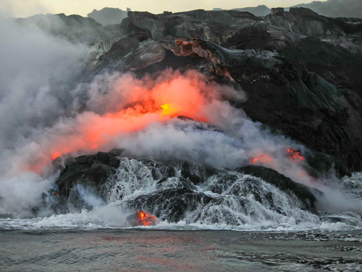 Lava enters the sea around Hawai'i Volcanoes National Park. 