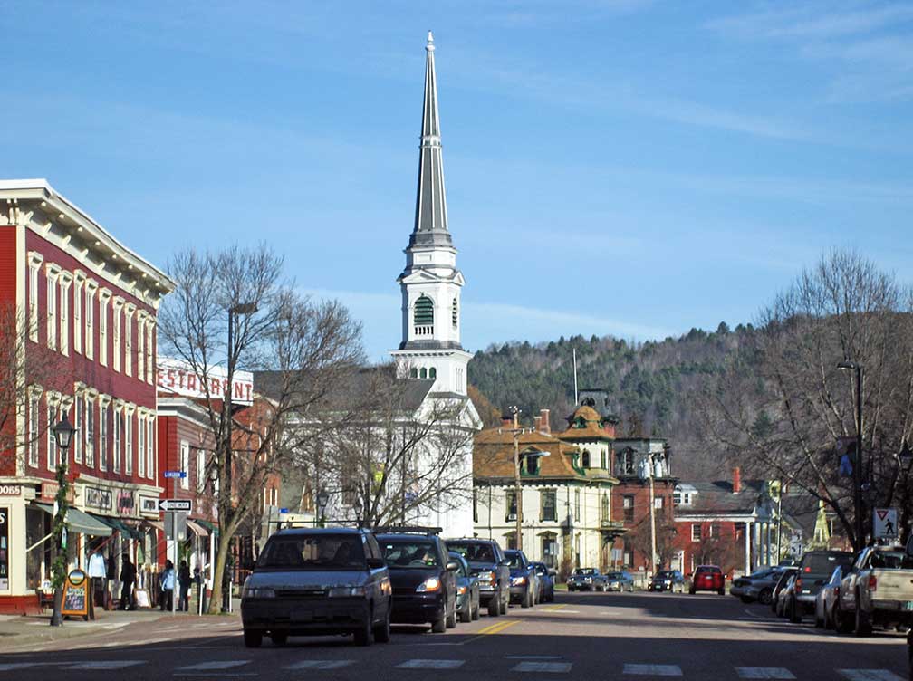 Main Street in Montpelier, Thomas Silloway's Unitarian Universalaist Church in center