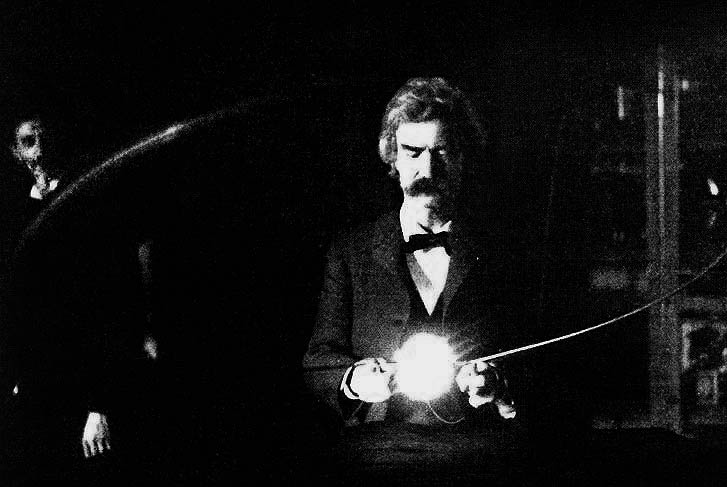 Mark Twain in the laboratory of Nikola Tesla.