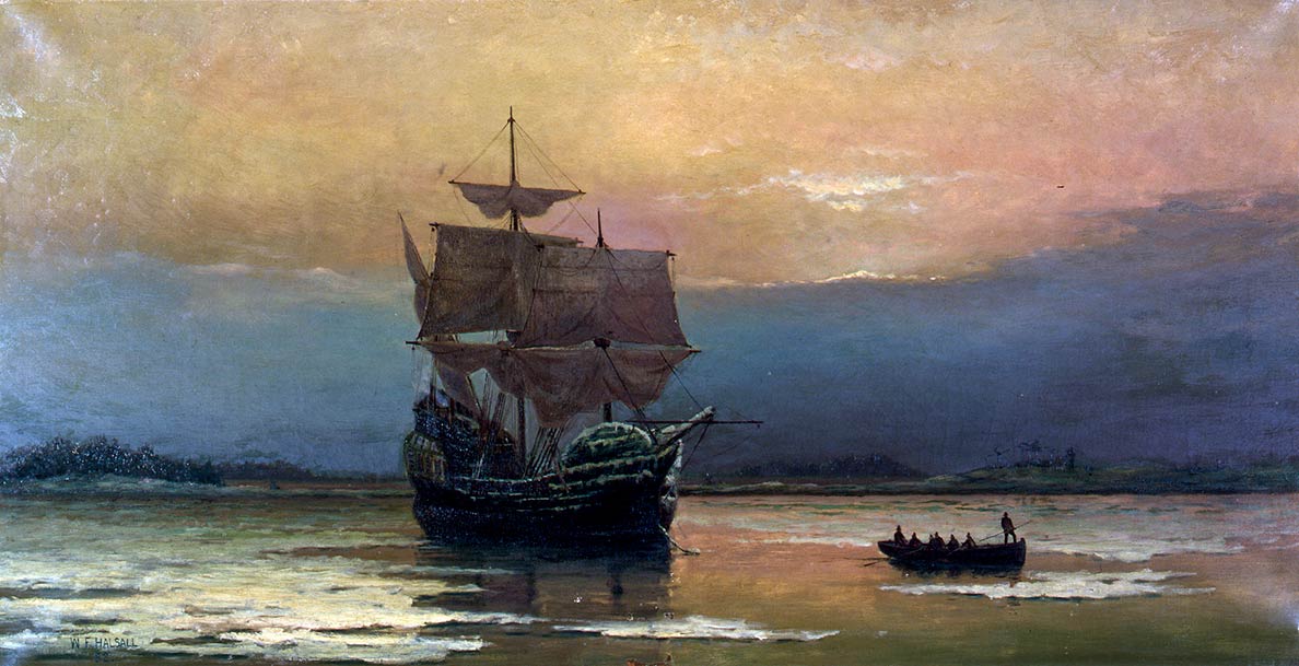 Painting of the Mayflower in Plymouth Harbor by William Halsall