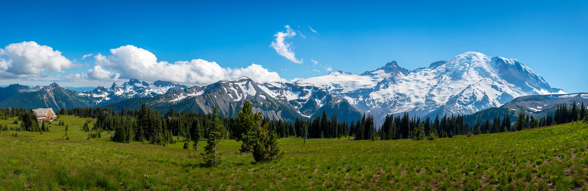 Panorama of Mount Rainier, also known as Tahoma or Tacoma, an active stratovolcano in southwestern Washington State