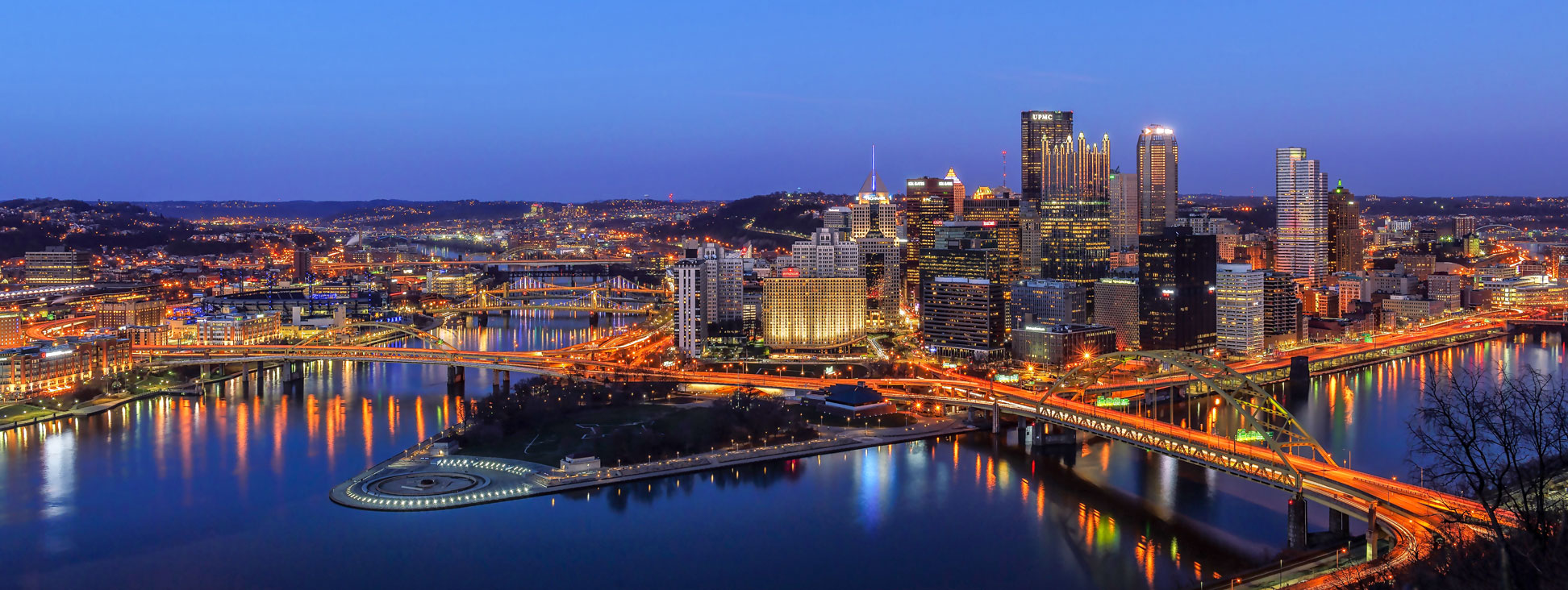 Downtown Pittsburgh at the confluence of the Allegheny and the Monongahela rivers at Point State Park.