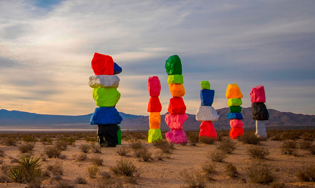 Seven Magic Mountains, artwork by by Swiss artist Ugo Rondinone, located south of Las Vegas, Nevada
