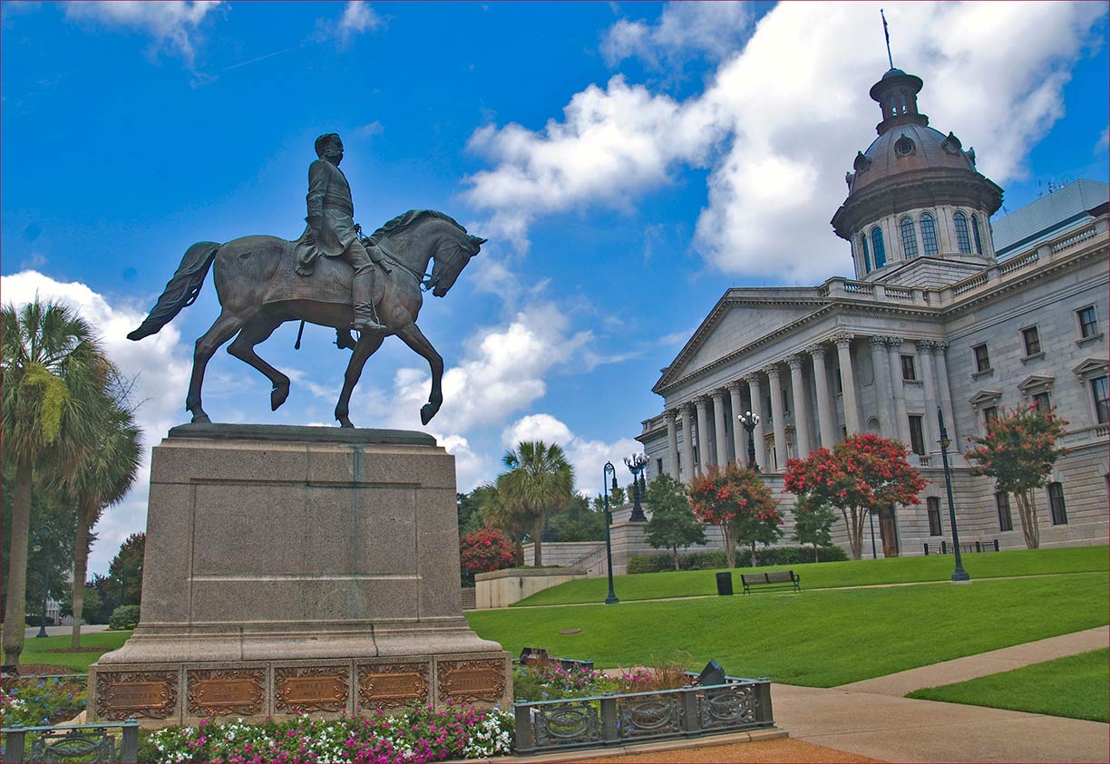 South Carolina State House with bronze equestrian statue in Columbia, South Carolina, USA