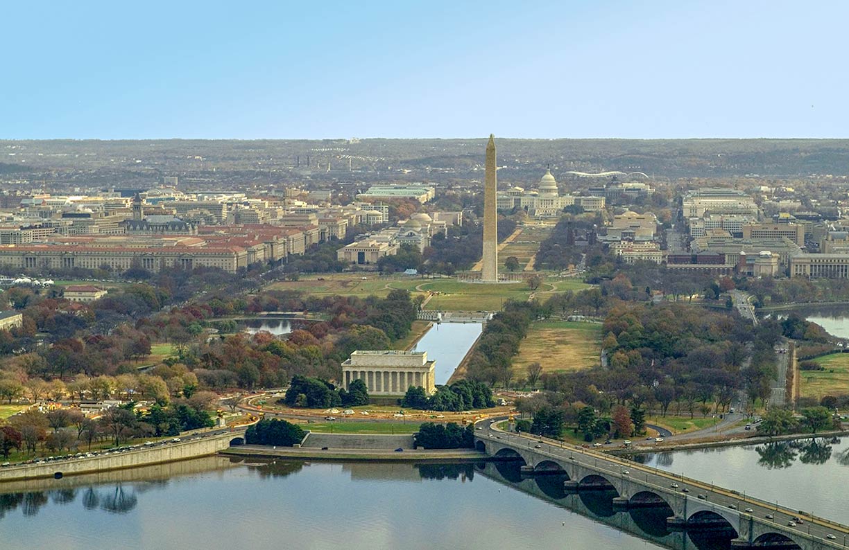 National Mall in Washington, D.C. with Lincoln Memorial, the Washington Monument obelisk, and the United States Capitol