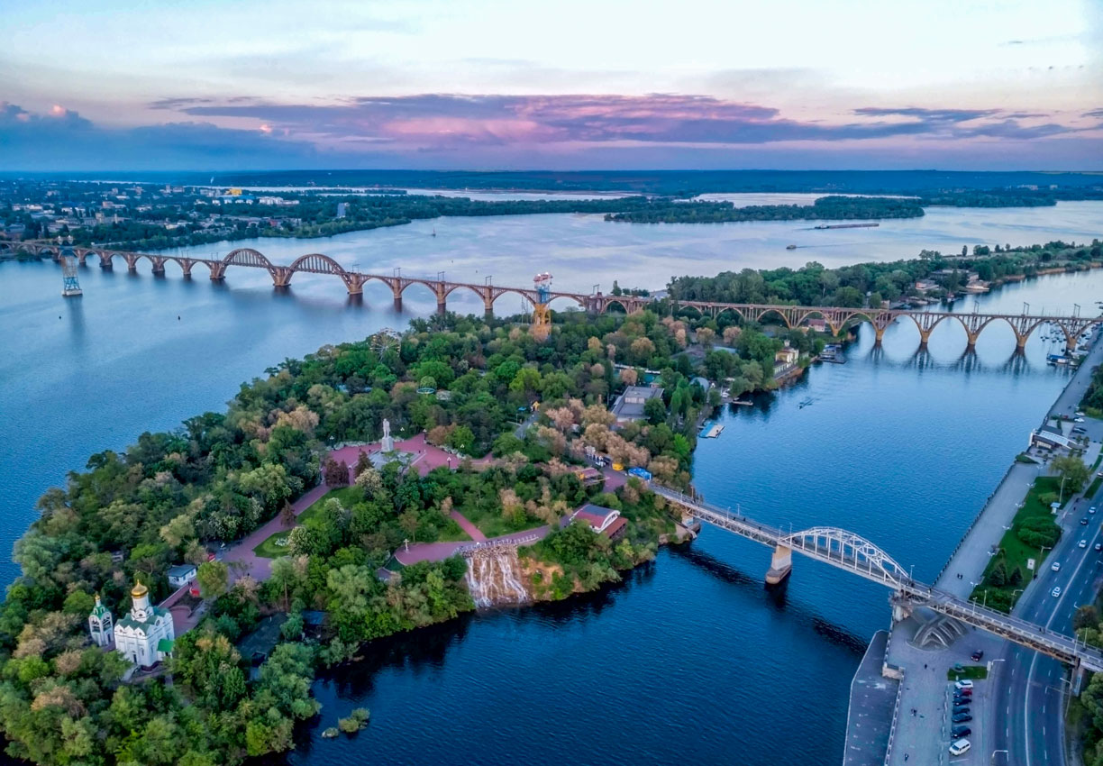 Monastry Island and Merefa-Kherson bridge over the Dnieper River in Dnipro, Ukraine.