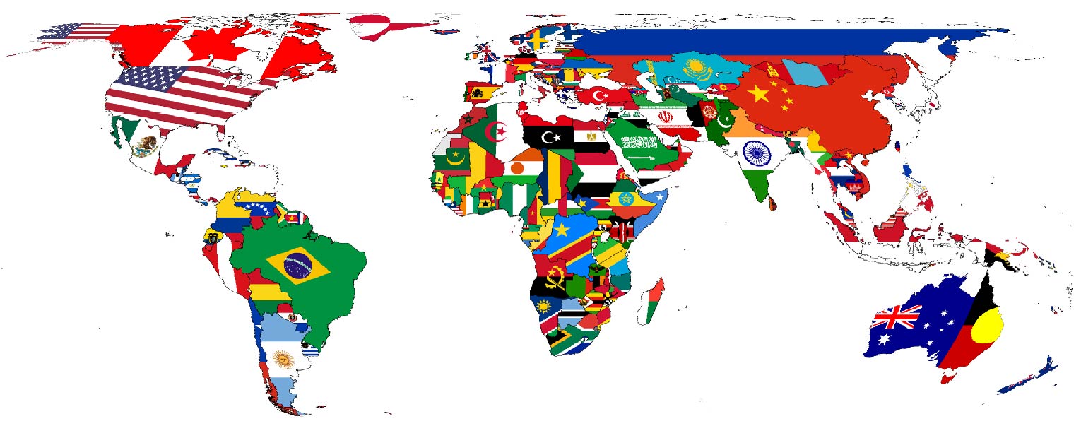Map of the world with nations represented by their flags.