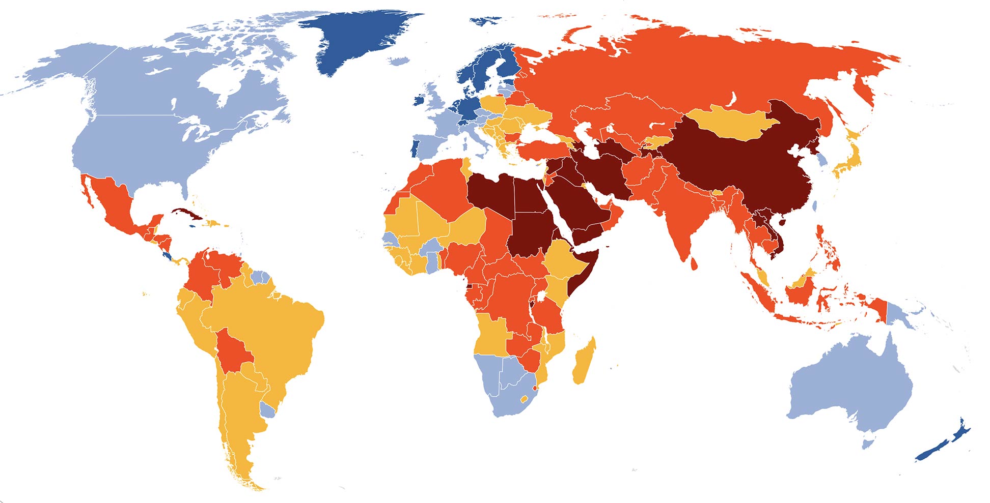 Map of the World with color coded countries: press freedom 2020
