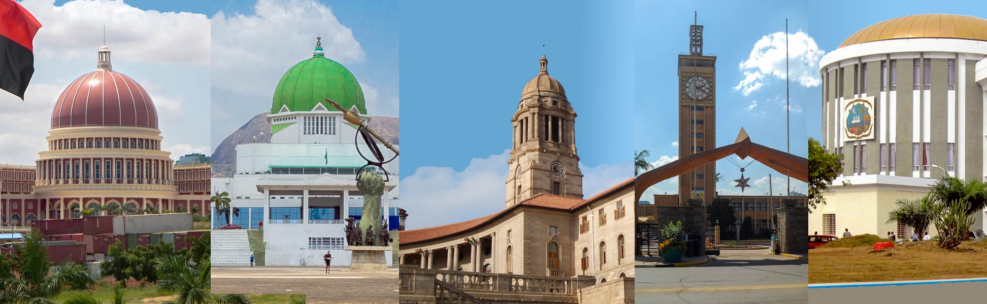 The National Assembly building in Luanda, Angola; the National Assembly building in Abuja, Nigeria, the Union Buildings in Pretoria, South Africa; the Parliament of Kenya in Nairobi; and the Capitol Building in Monrovia, Liberia.
