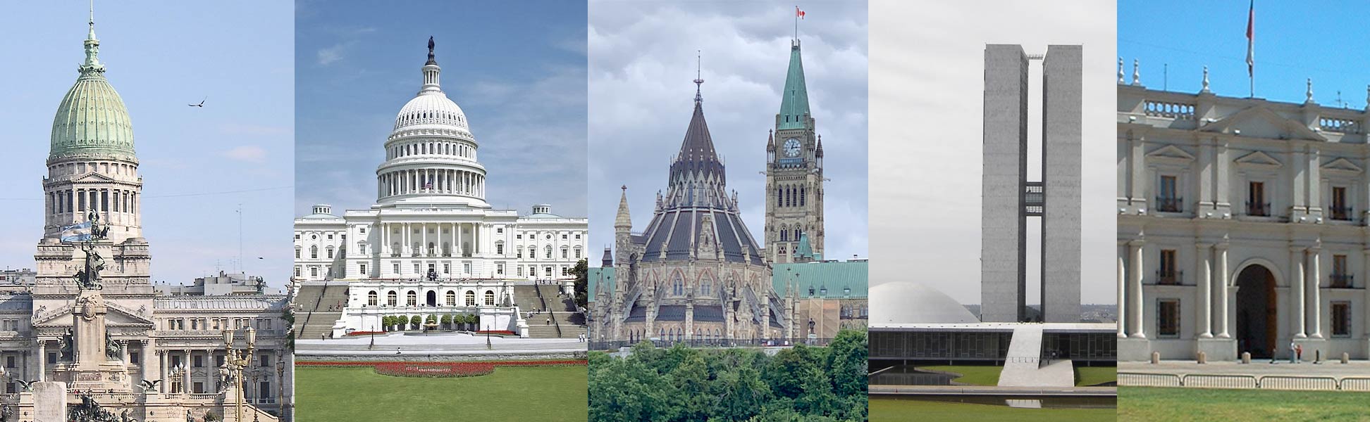 Government buildings in Buenos Aires, Washington, D.C., Ottawa, Brasilia, and Santiago de Chile