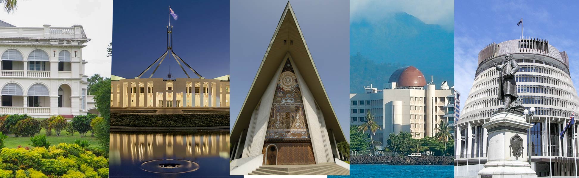 Government buildings in Oceania, in Suva, Fiji; in Canberra, Australia; in Port Moresby, Papua New Guinea; in Apia, Samoa; and in Wellington, New Zealand