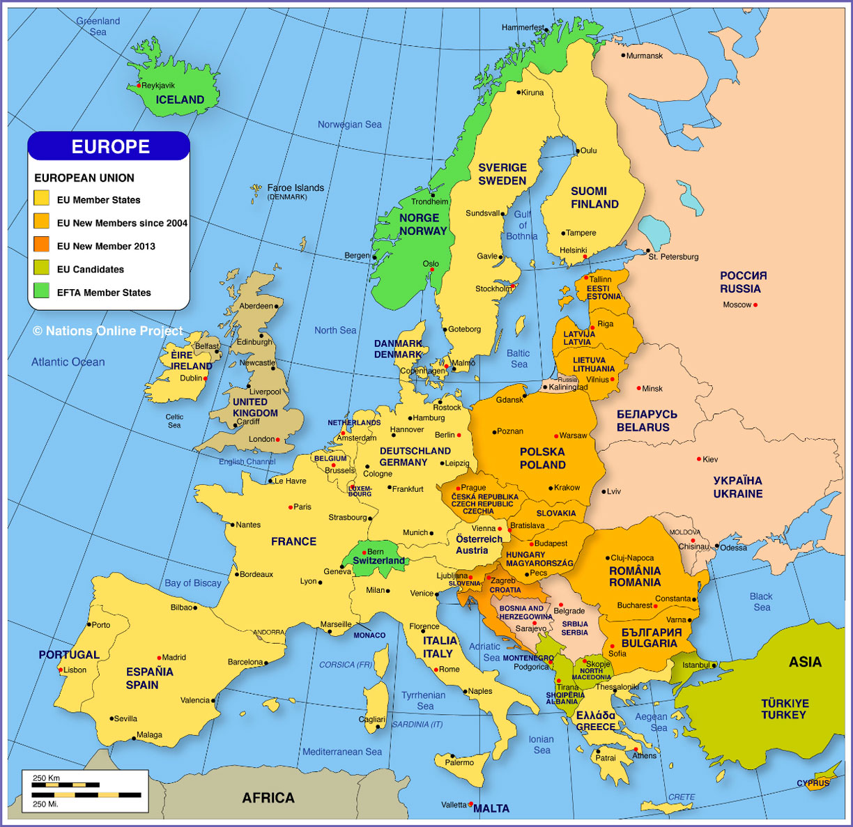 Map of Countries in Europe with EU member states, non-EU member states and EFTA member states.