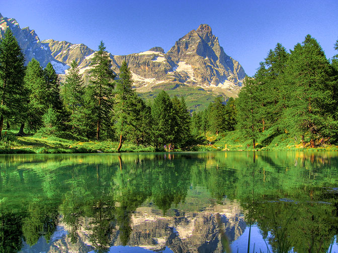 Lago Blu and Cervino in the Aosta Valley of Italy. 