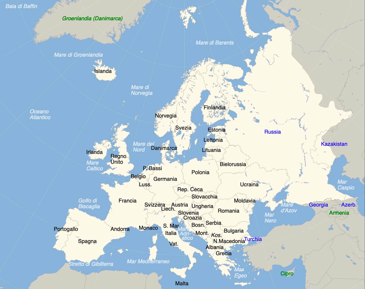 Map of Europe with country names in Italian