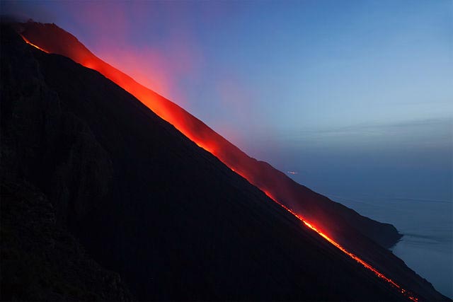 Stromboli volcano, the lava flow after sunset