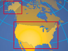 Location map of Continental USA and Alaska in North America