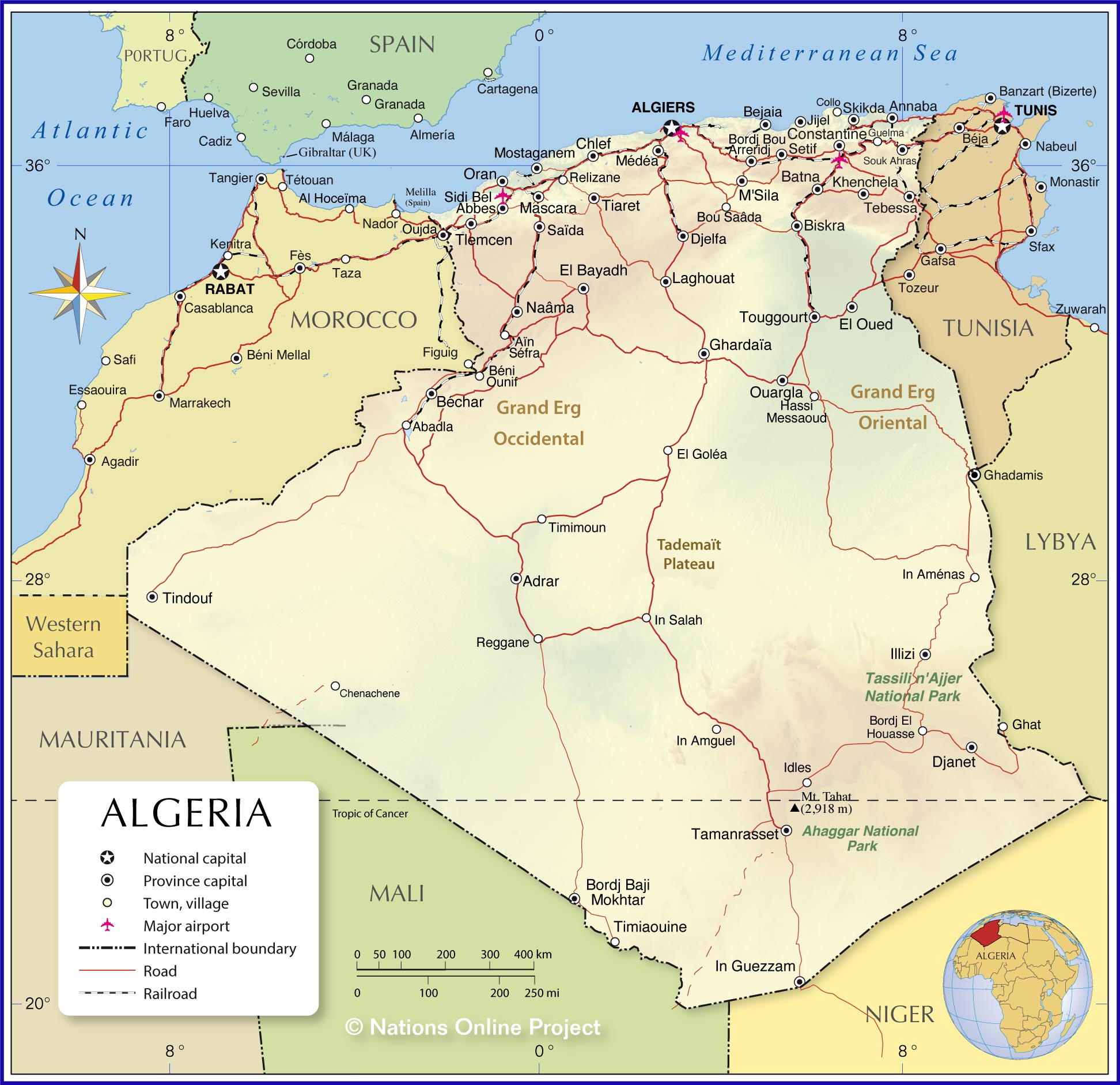 The political Map of Algeria shows Algeria and neighboring countries.