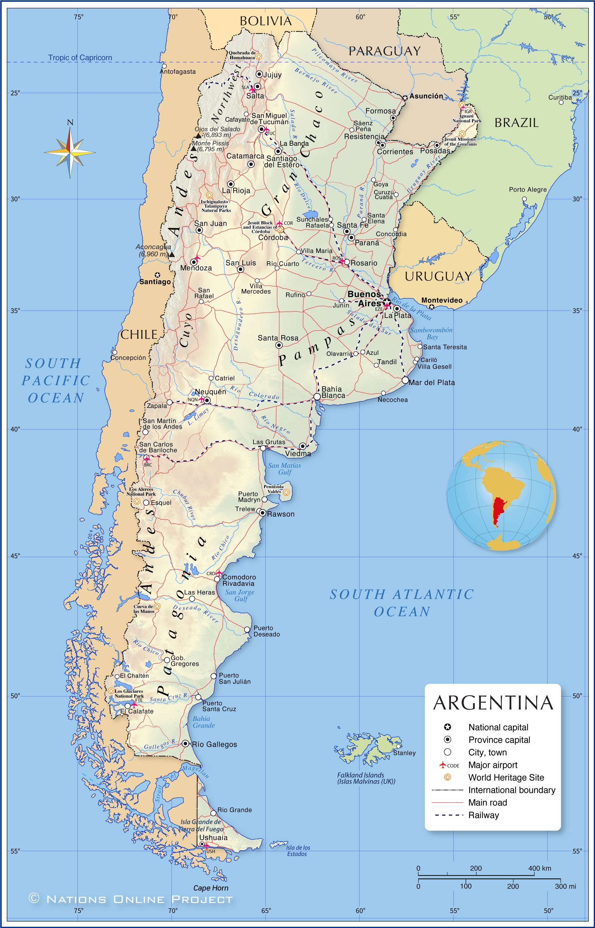 Political Map of Argentina, with major cities, roads, railroads, airports