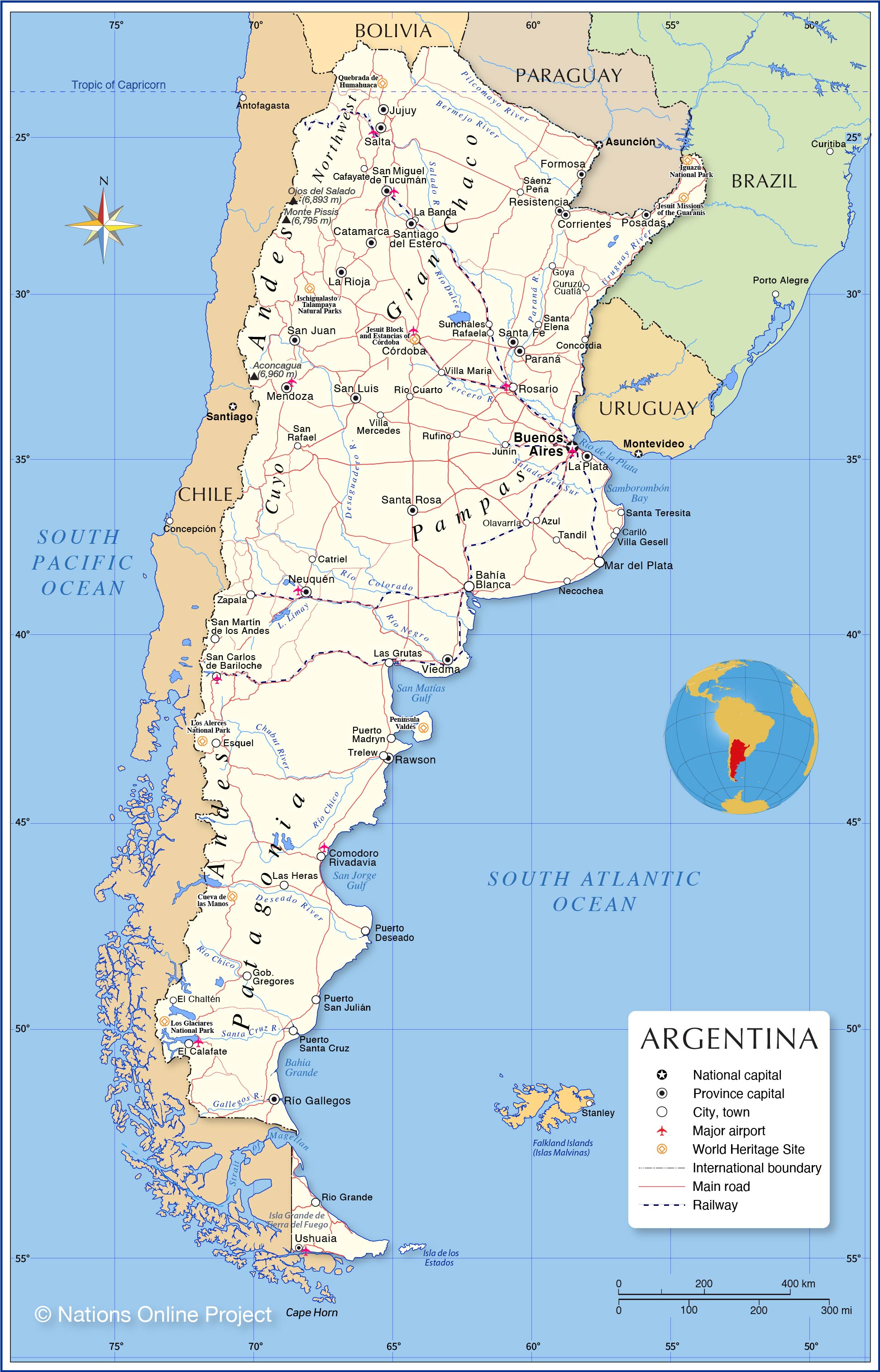 Political Map of Argentina, with major cities, roads, railroads, airports