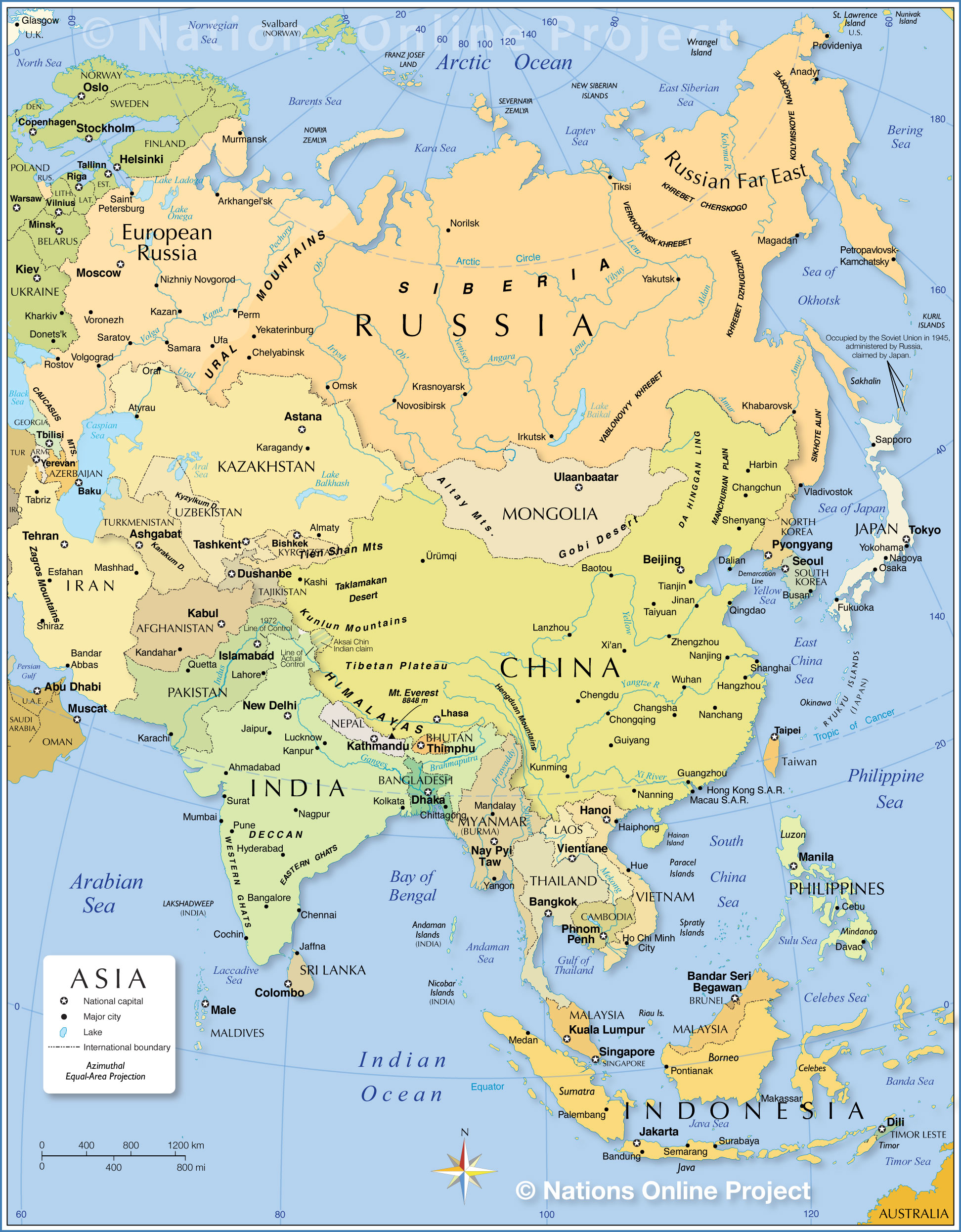 Map of Asia, Northern Asia,  Central Asia, South Asia, East Asia, and Southeast Asia