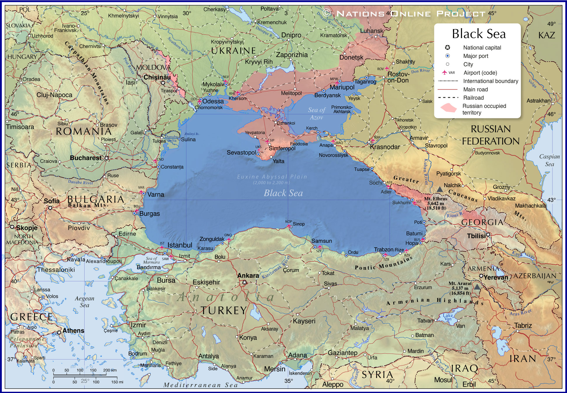 General Map of the Black Sea with bordering countries and major ports