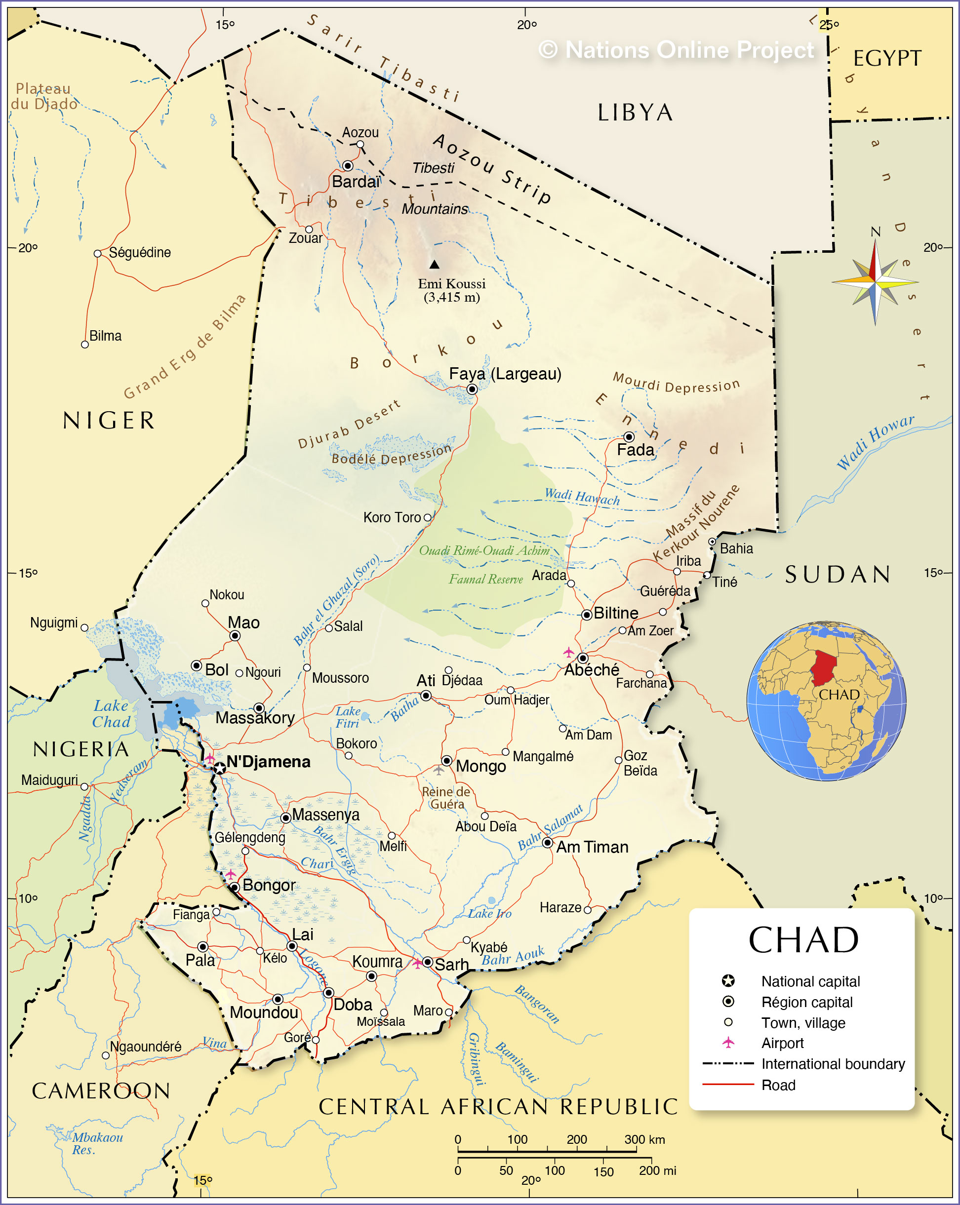 Political Map of Chad with topography