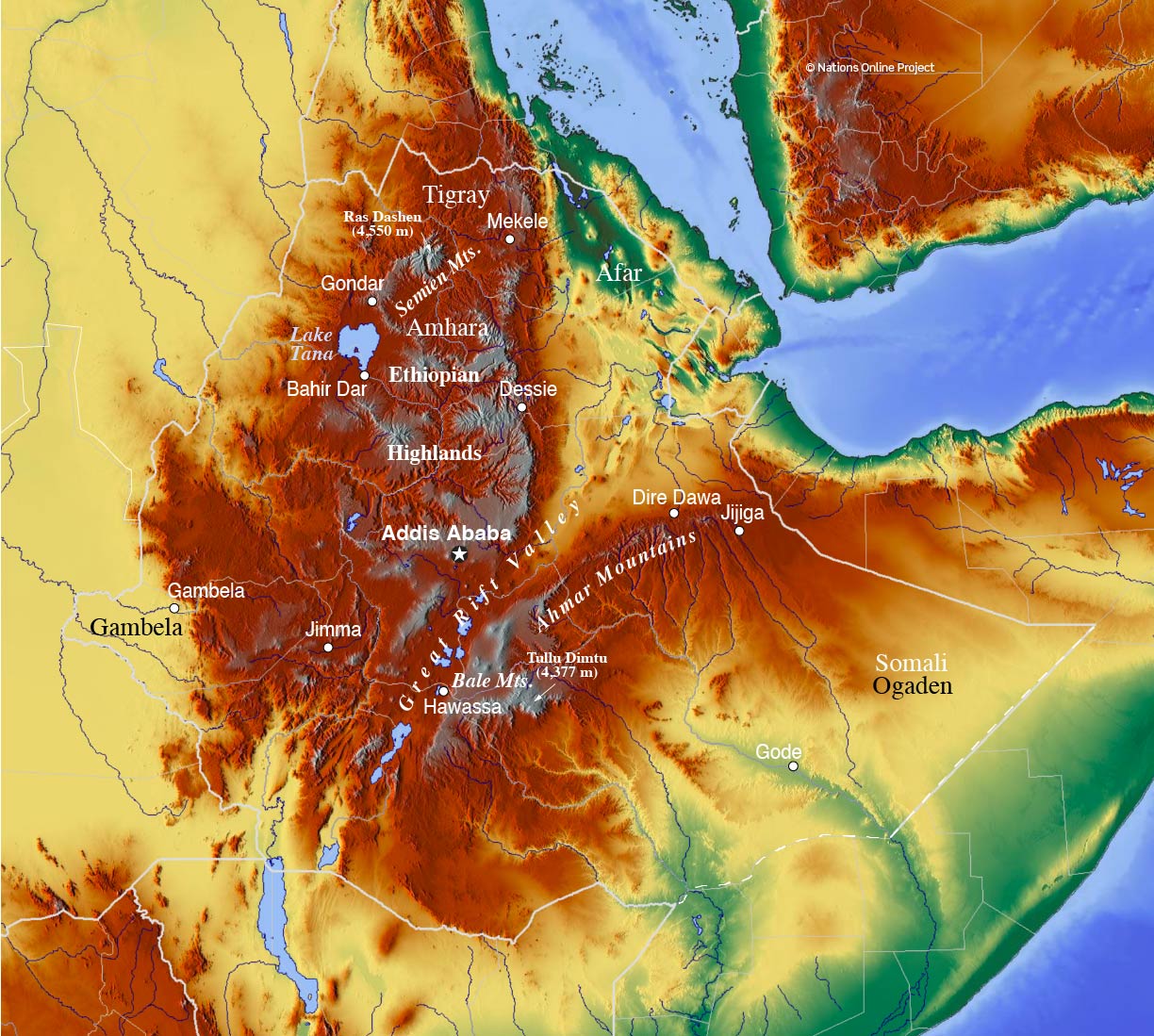 The topographic map of Ethiopia shows major geographic features of the country.