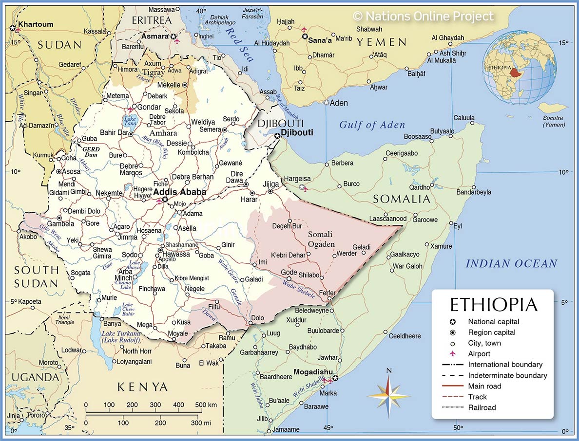Map shows Ethiopia and neighboring countries
