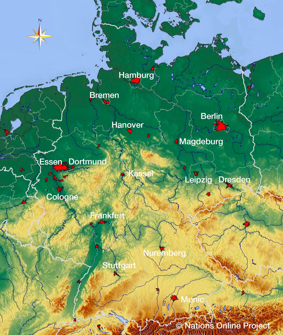 Topographic elevation map of Germany.