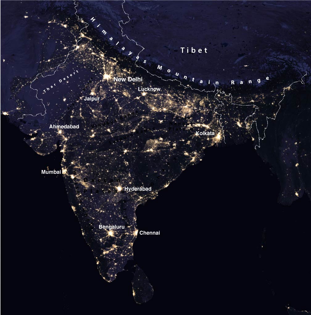Satellite image of the Indian subcontinent at night