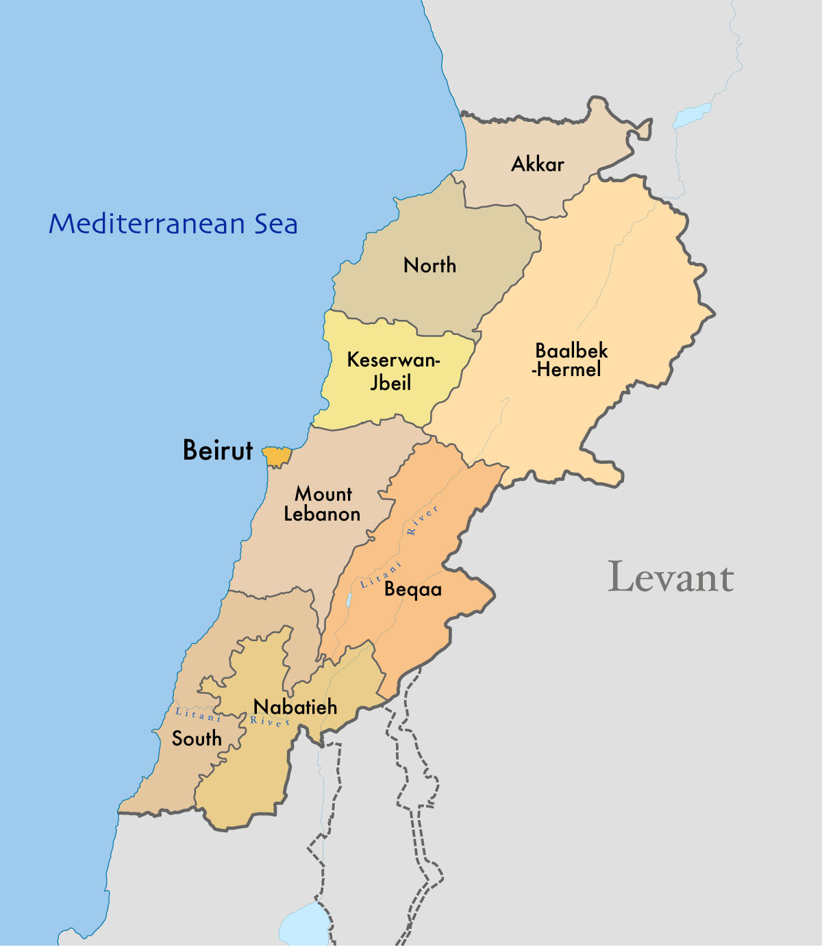 Governorates of Lebanon map.