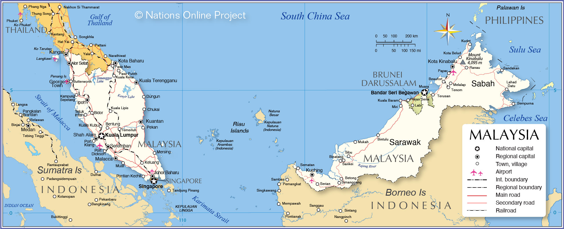 Political Map of Malaysia, showing Peninsular Malaysia and East Malaysia