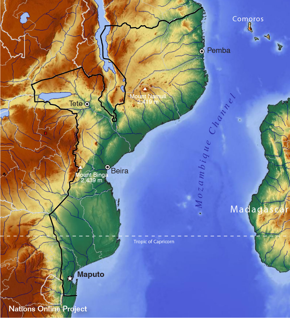 Topographic Map of Mozambique, the Mozambique Channel and the southern portion of the Rift Valley