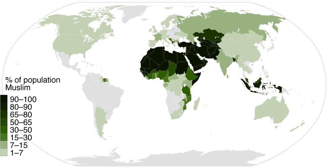 The map shows the percentage of the Muslim population in each nation worldwide