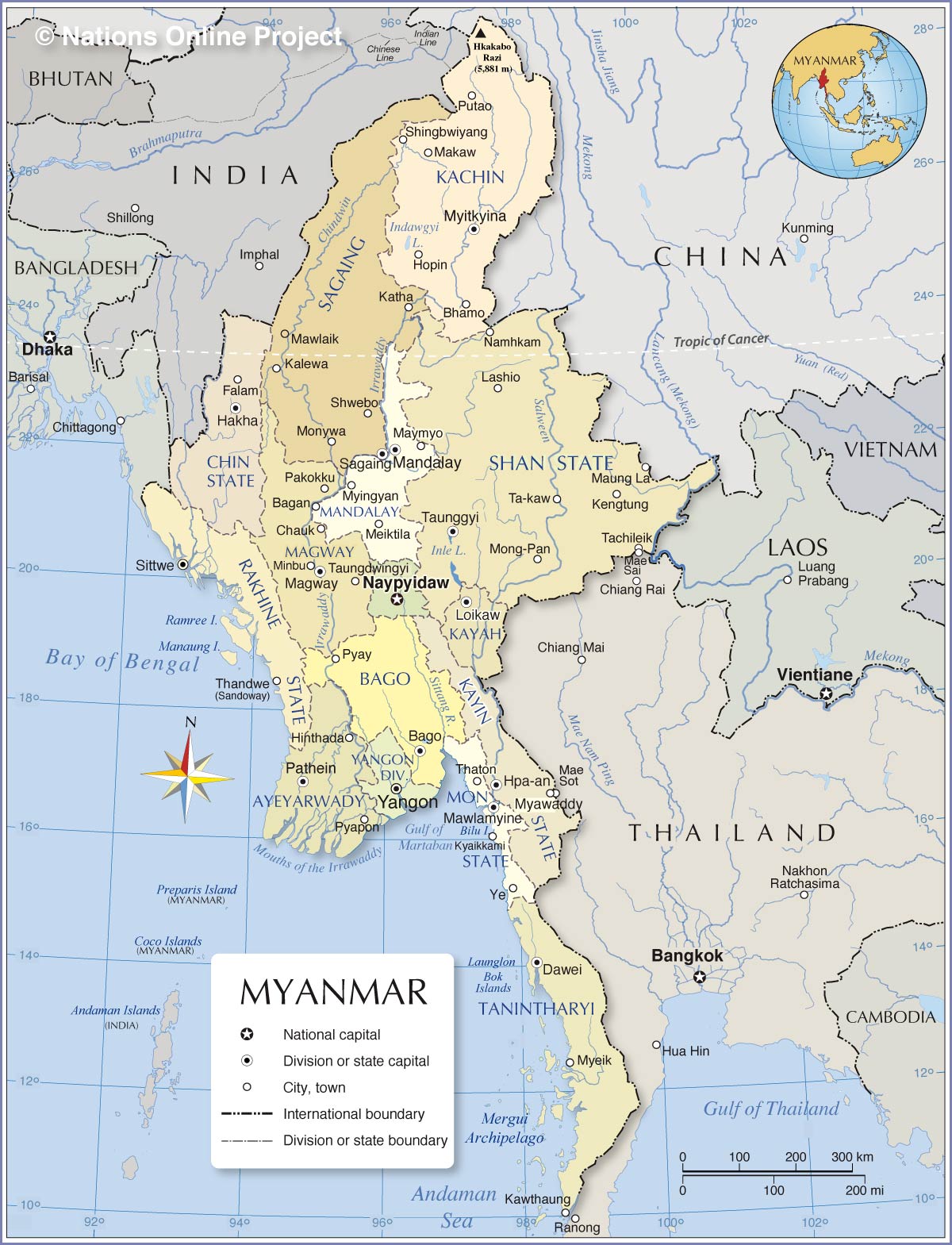 Administrative Map of Myanmar with administrative regions