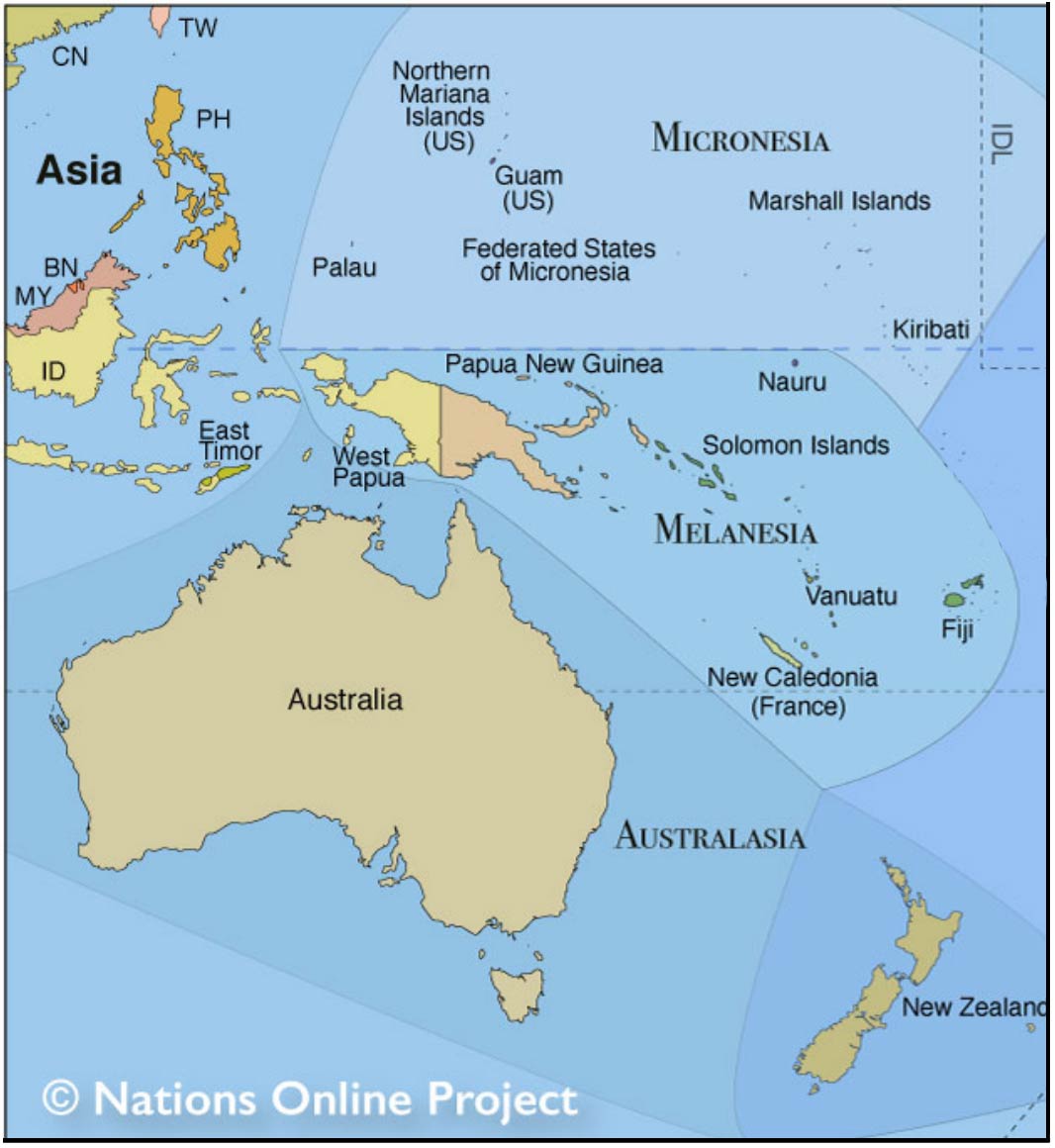  kort over regionerne i Oceanien: Mikronesien, Melanesien, Polynesien og Australasien.