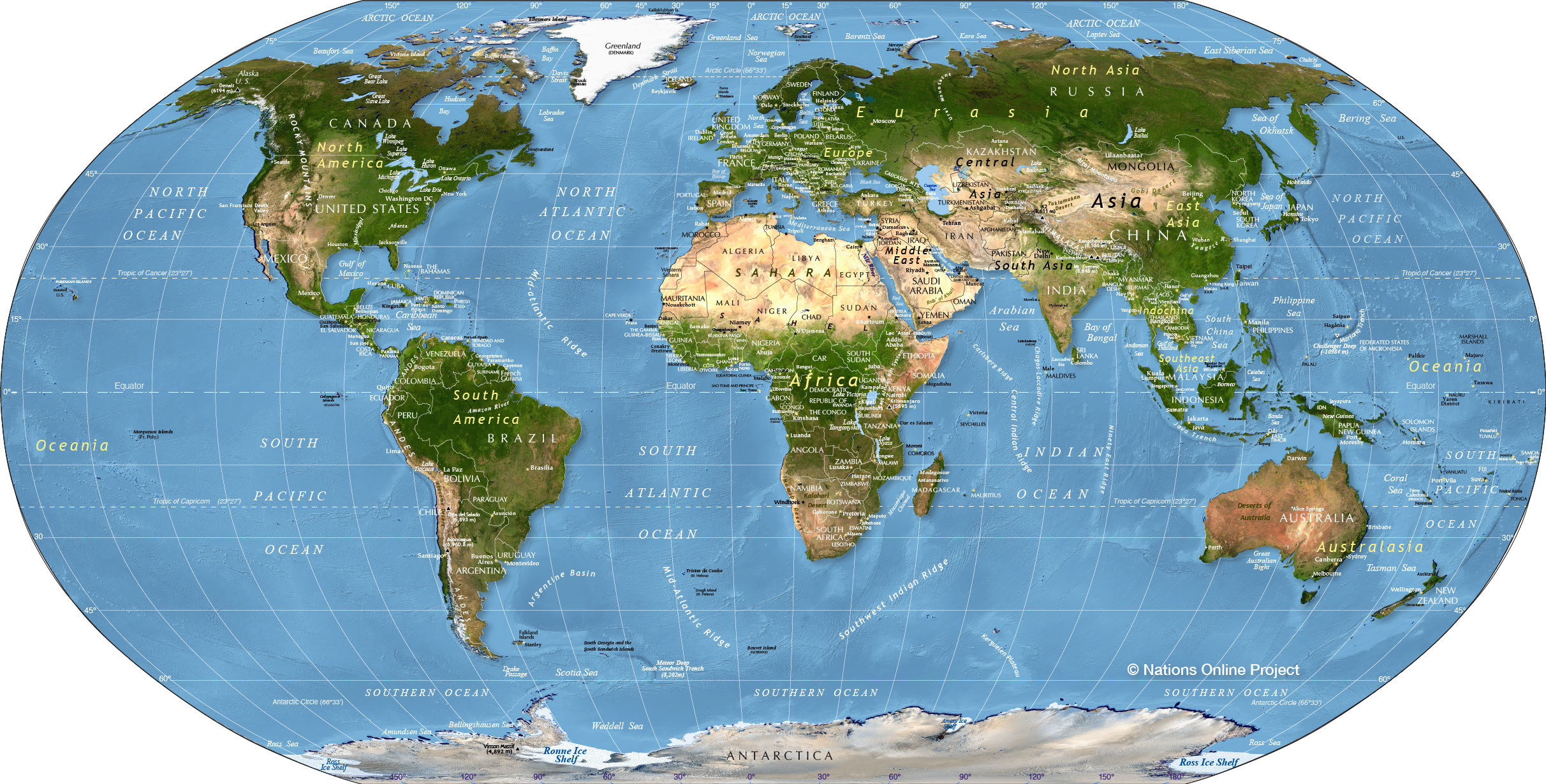Physical Map of the World showing continents, oceans, and countries