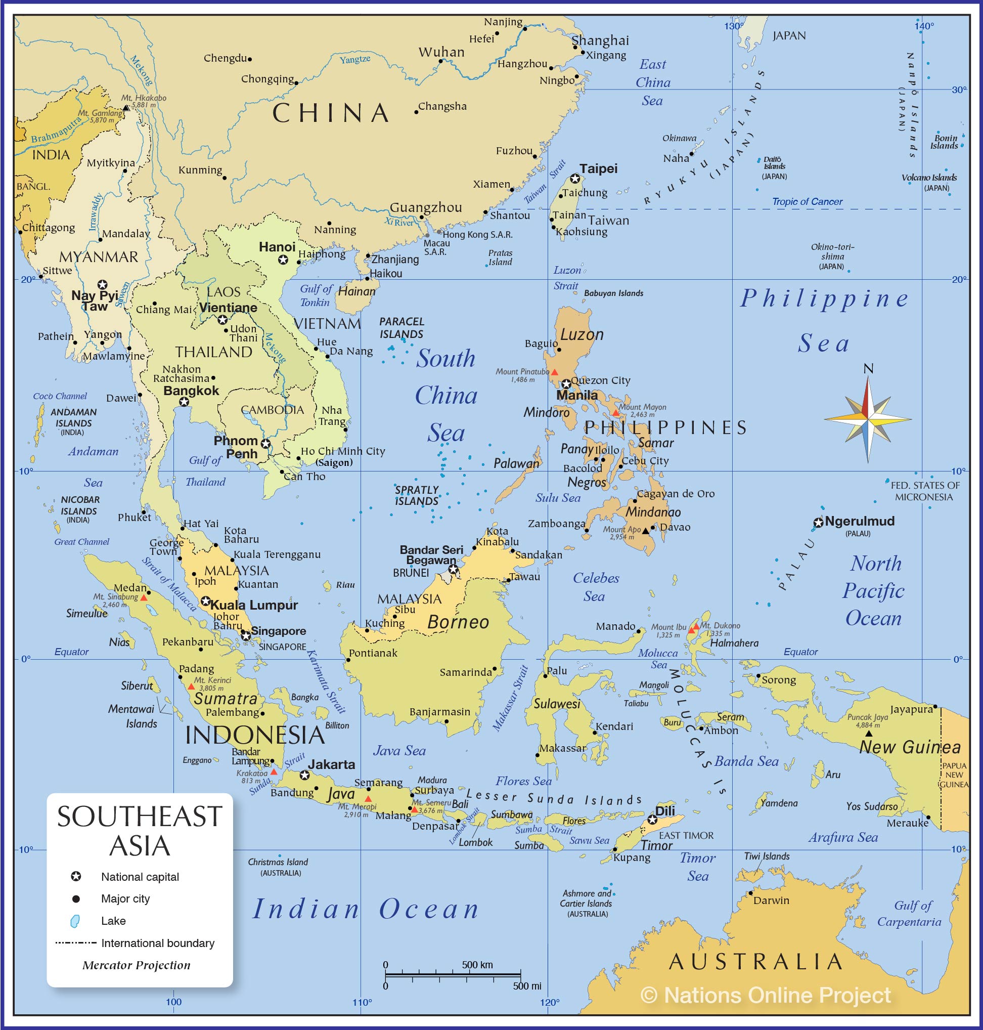 Political Map of Southeast Asia with countries, oceans, and major cities