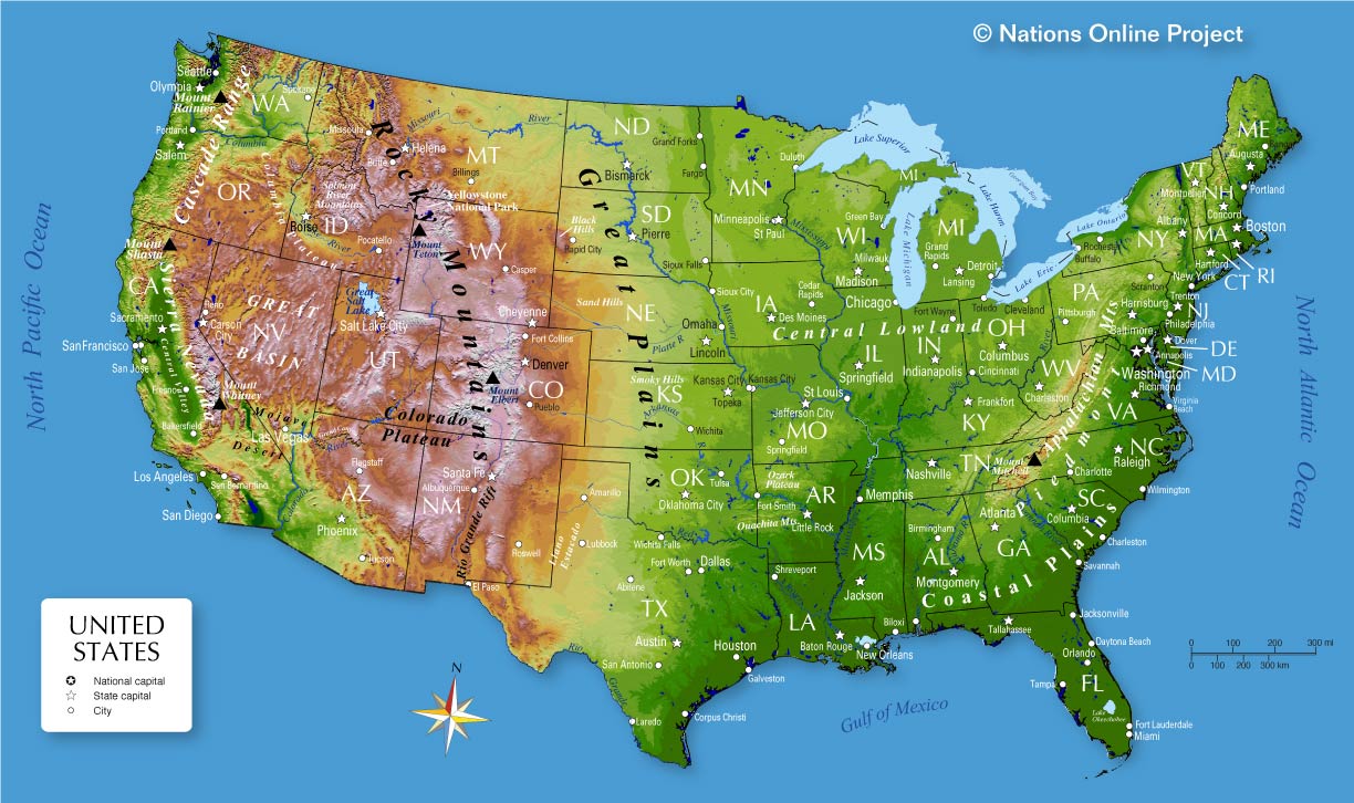 Physical map of the contiguous United States.