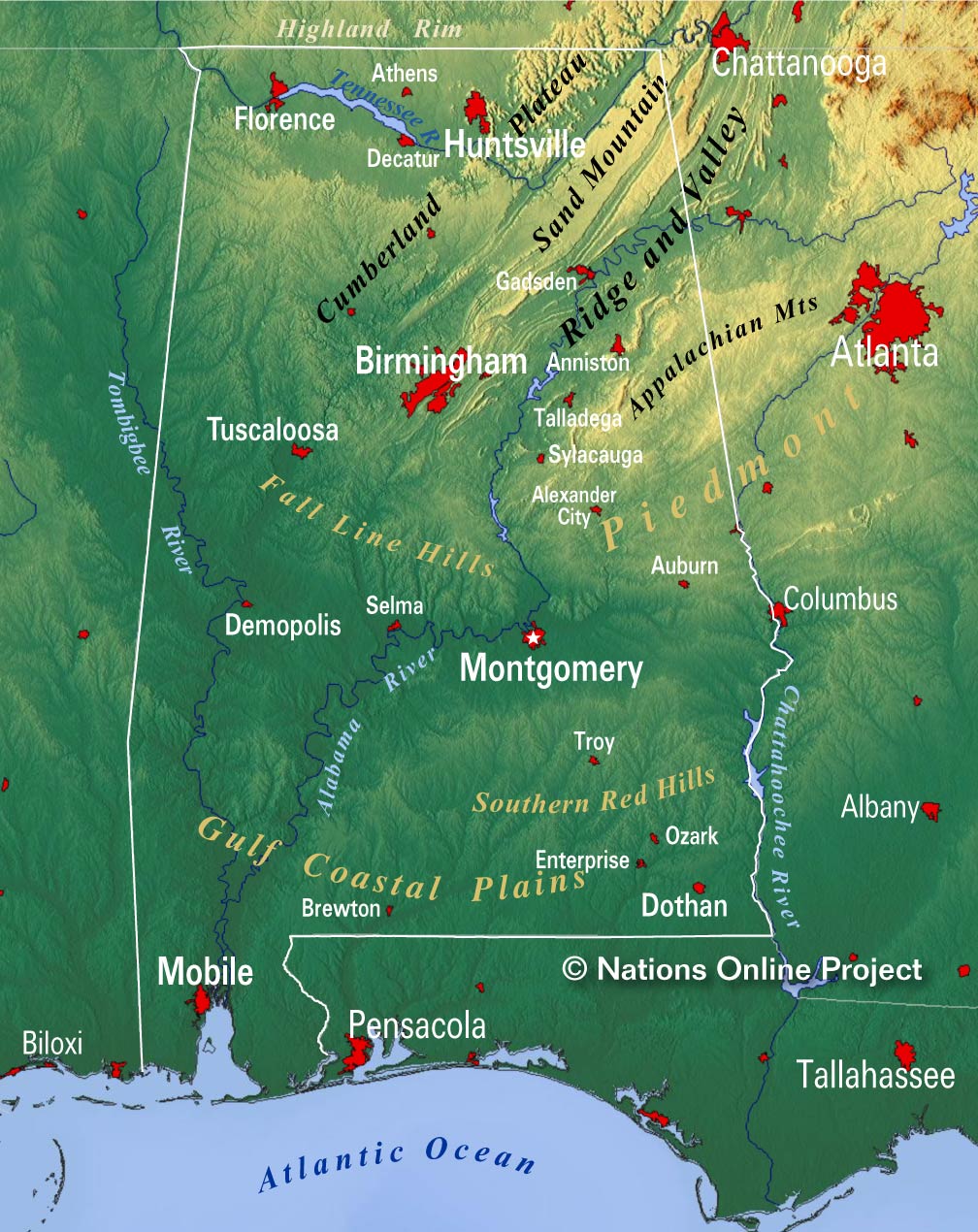 Alabama Topographic Regions Map