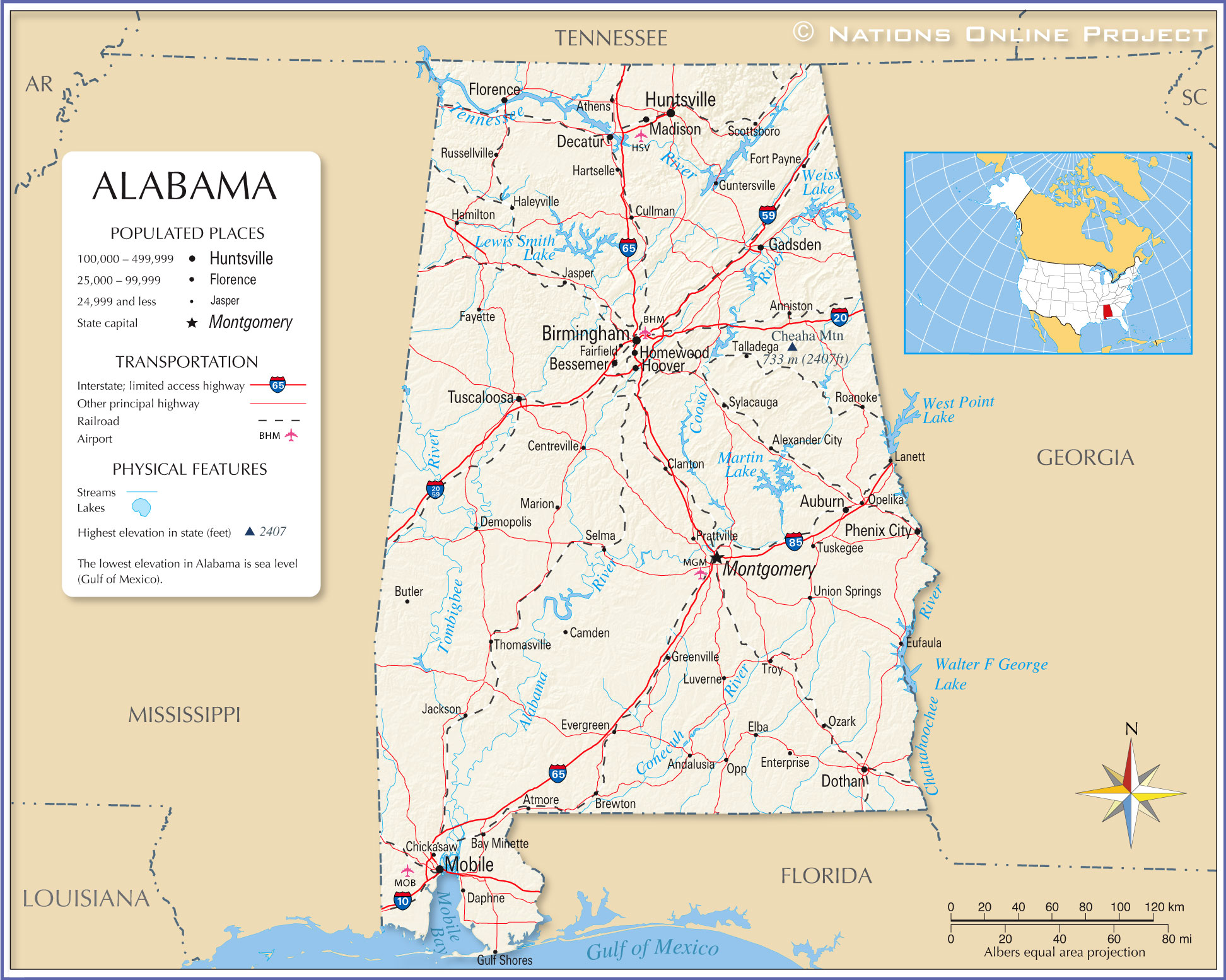 alabama lakes and rivers map Map Of Alabama State Usa Nations Online Project alabama lakes and rivers map