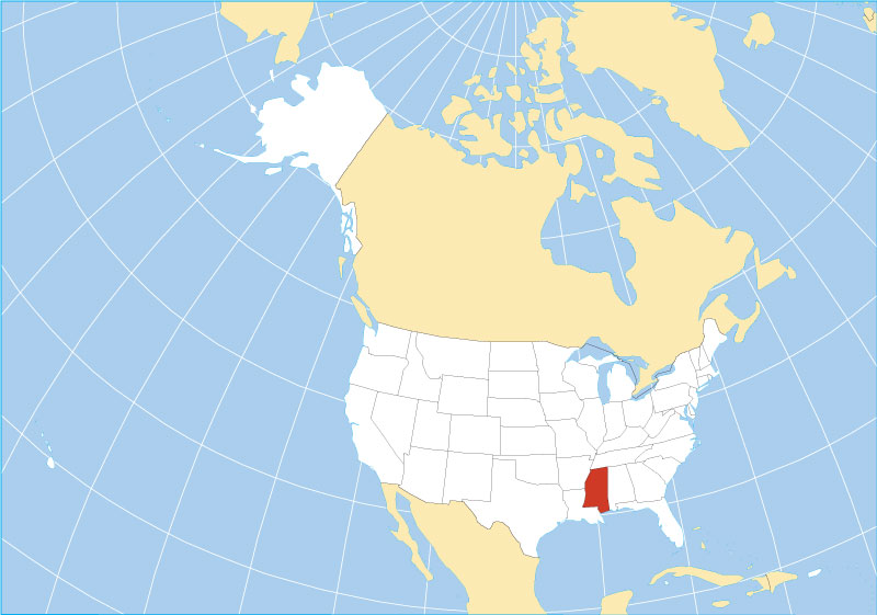Location map of Mississippi state USA