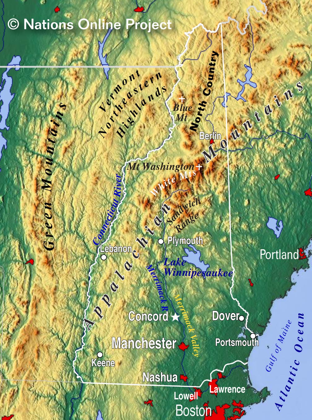 Map Of New Hampshire State Usa Nations Online Project