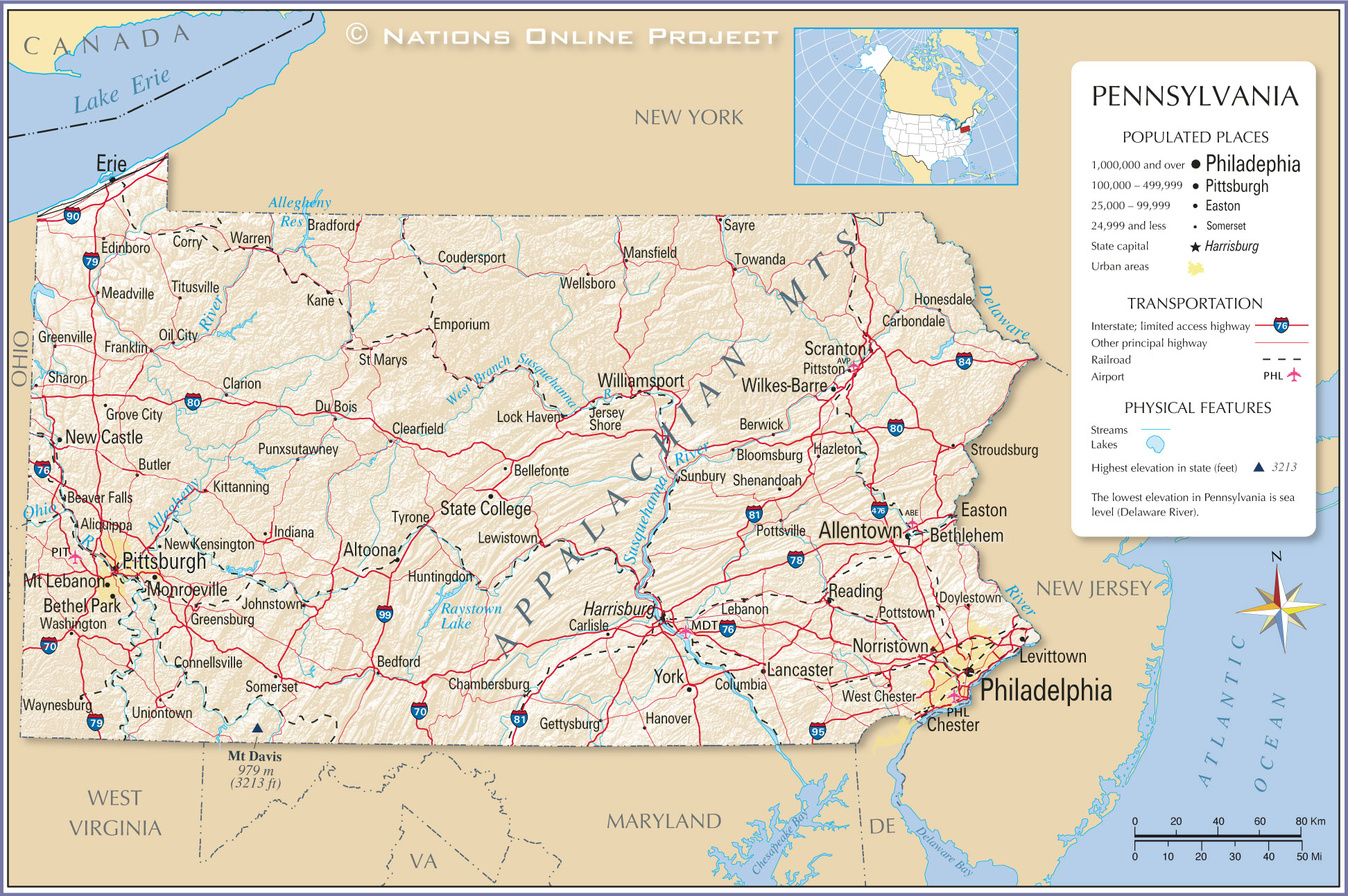 Map of the State of Pennsylvania, USA Nations Online Project
