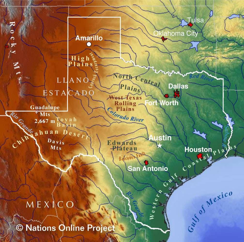 Old Texas Physical Map Of Mountains